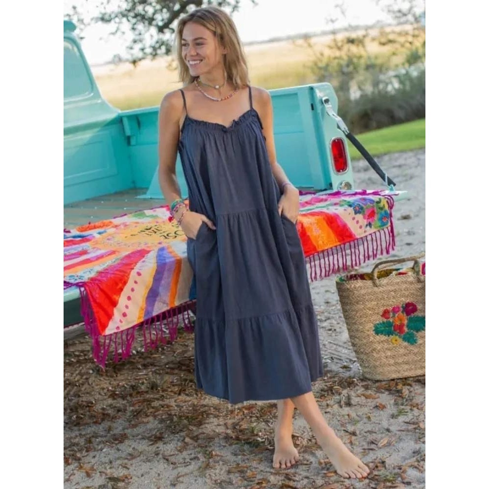 Natural Life Cotton Knit Tiered Midi Dress XS/S Navy Blue Ruffle Pockets Cottage